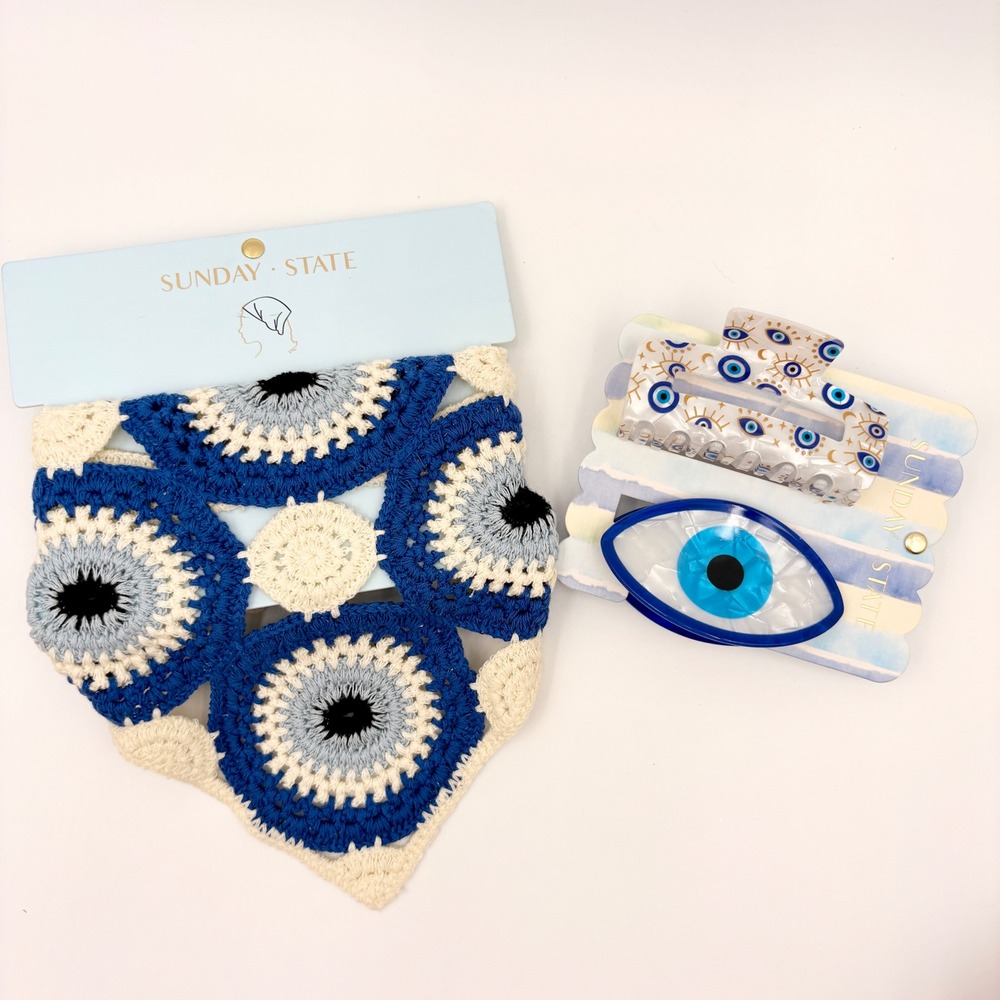 Sunday State Evil Eye Crochet Bandana and Hair Clip Set Blue White 3pc Bundle